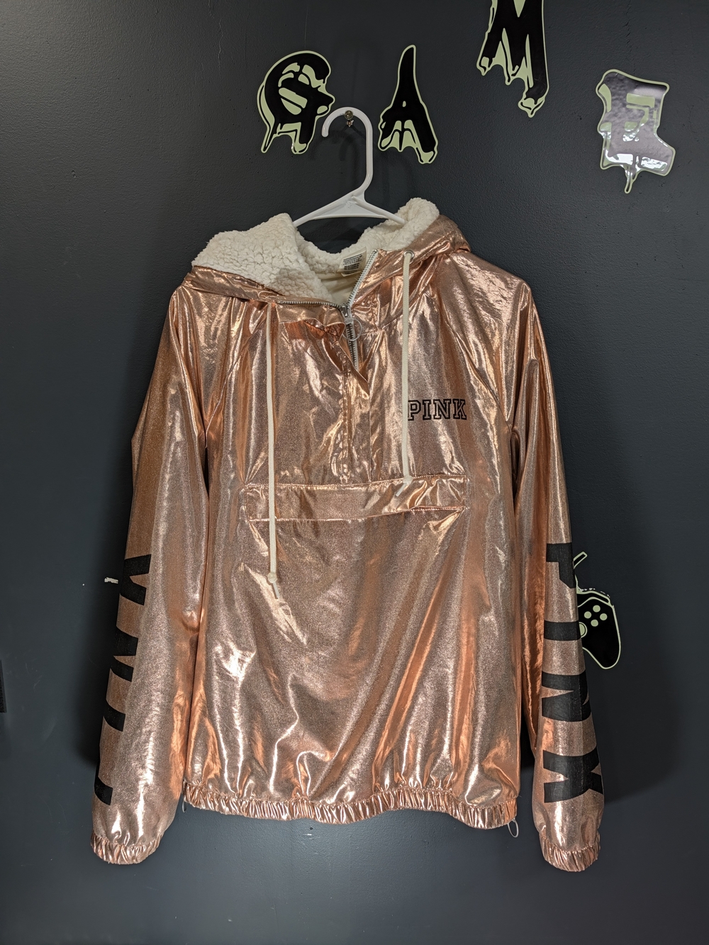 PINK Victoria's Secret Metallic Rose Gold Sherpa-Lined Puffer Hoodie